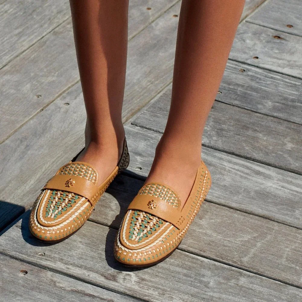 Tory Burch $348 Woven Ballet Loafer Flats Tan Blue SUPER COMFY!